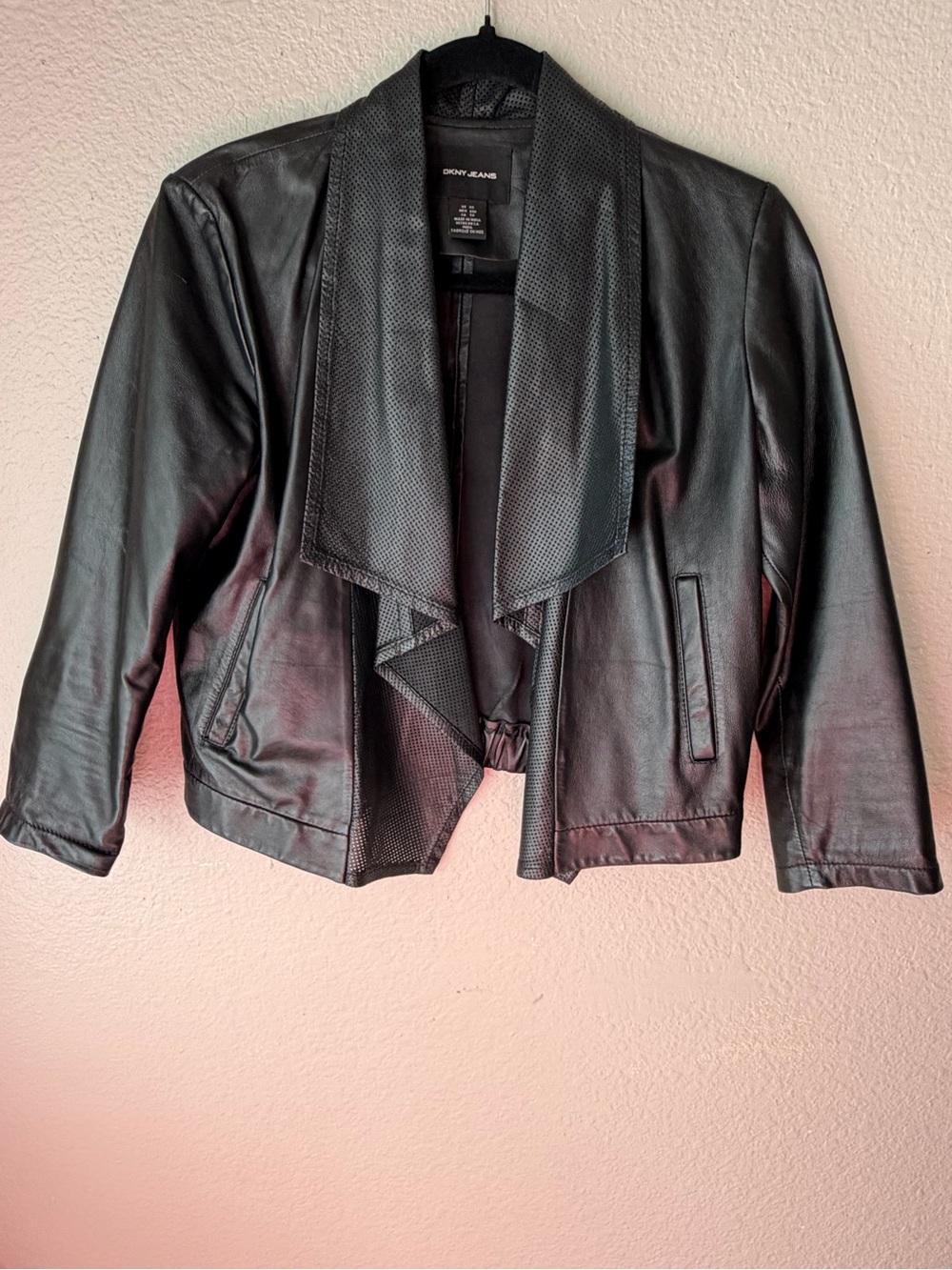 DKNY Black Faux Leather Draped Open-Front Jacket
